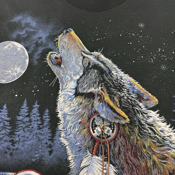Vintage SS Wolf Native American Tee Shirt Men's XL Black Faded T-Shirt USA 90s - Picture 7 of 11